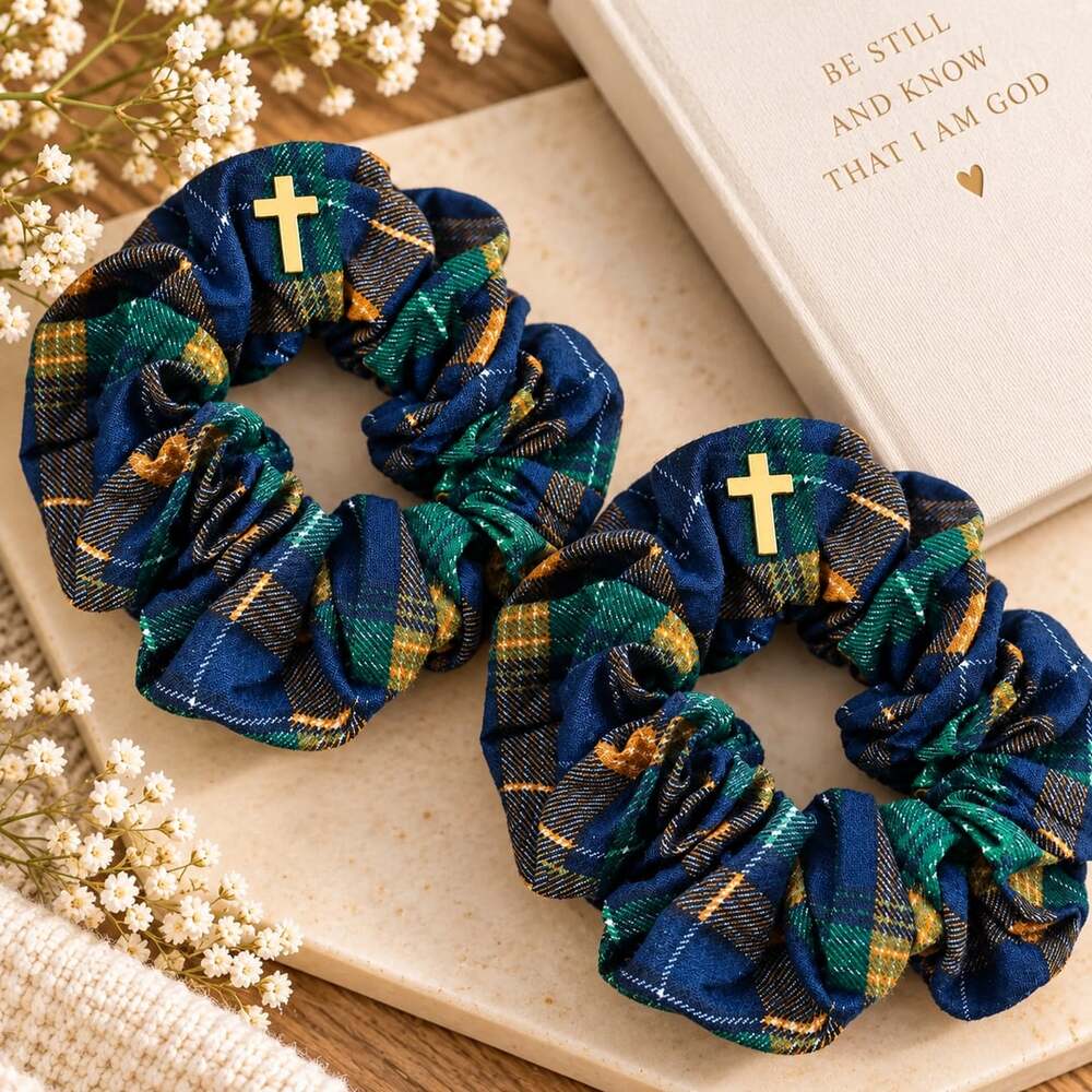 Navy Green Plaid Scrunchie Set Gold Cross Preppy Hair Accessories